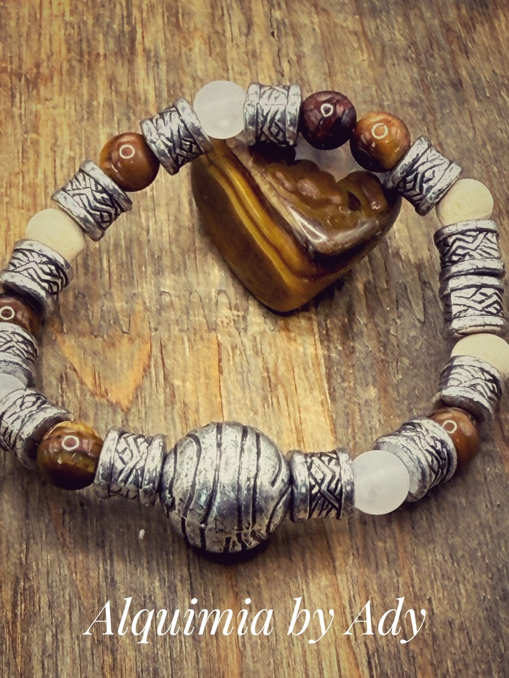 Brown Tiger Eye + Selenite & Silver Bead Stretch Bracelet